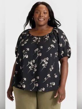 Ava & Viv Black Floral Short Puff Sleeve Blouse NWT SZ 1X Button Up Plus Size